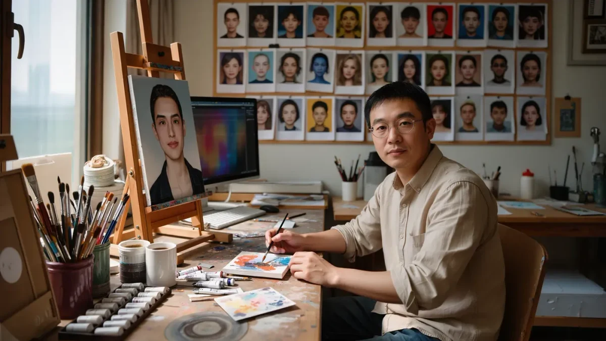 Artist comparing a painted canvas with printed AI-generated images