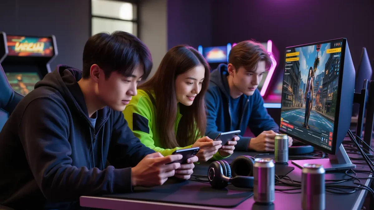 Young players in streetwear comparing phones inside a dim esports lounge