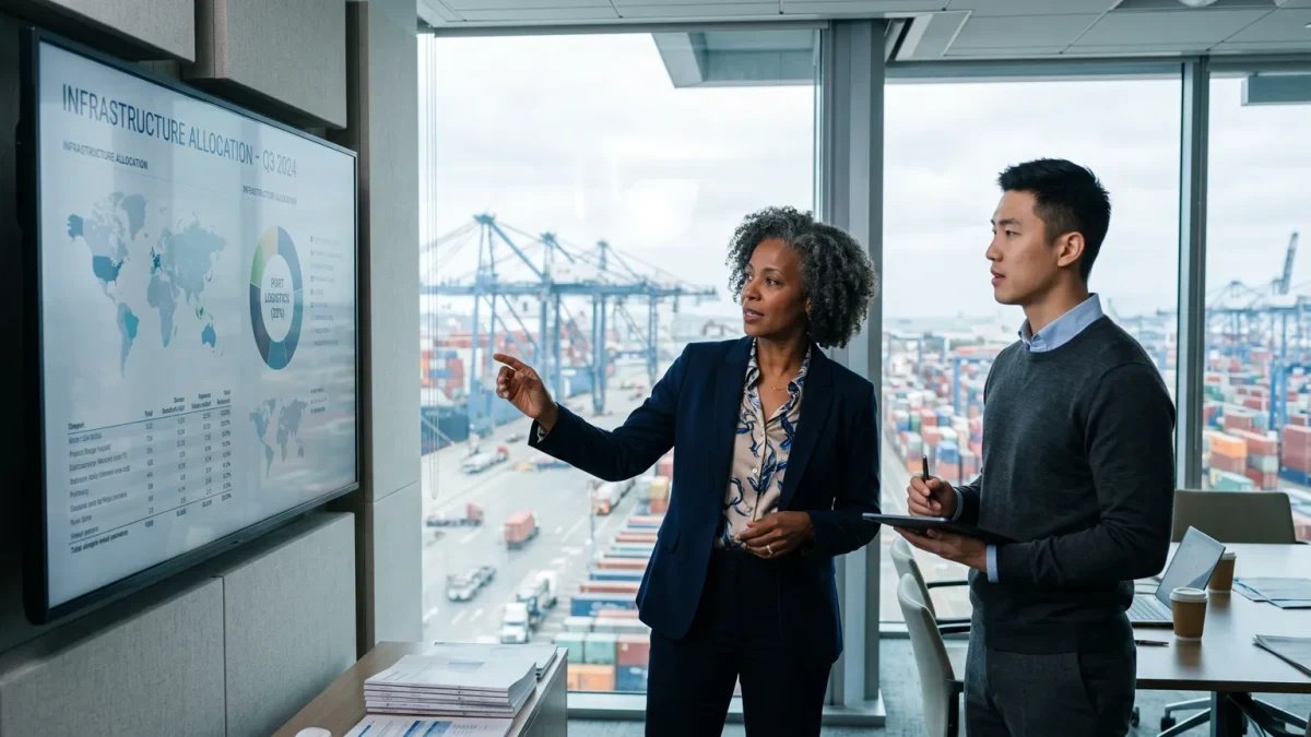 Fund analysts of diverse backgrounds reviewing portfolios in a glass office