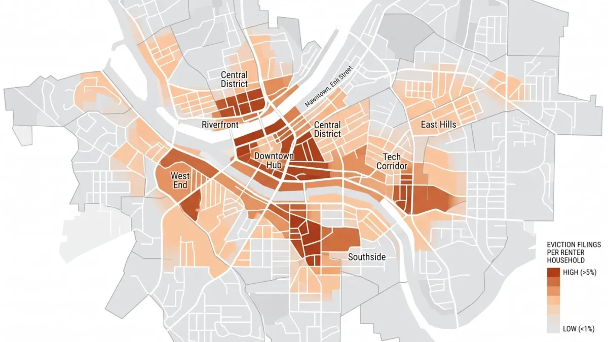 Heat map of eviction filing rates across a city's neighborhoods