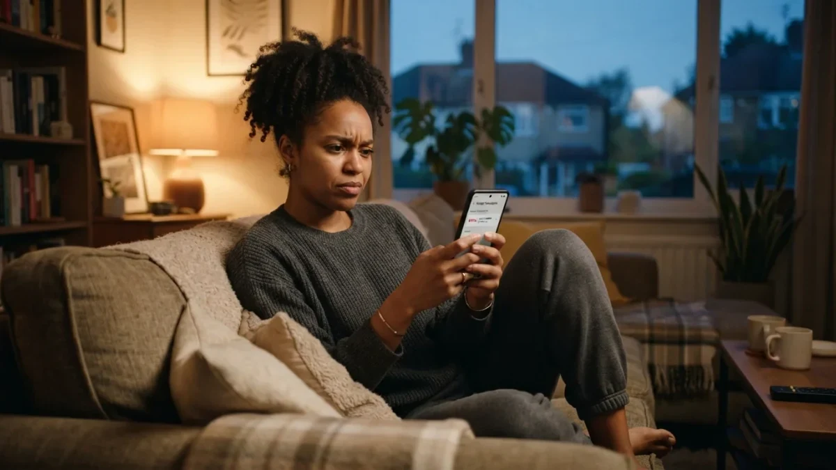 Person on a couch reviewing subscription charges on a phone