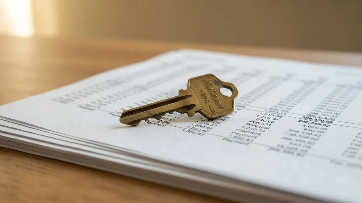 House key resting on printed mortgage documents, close-up detail