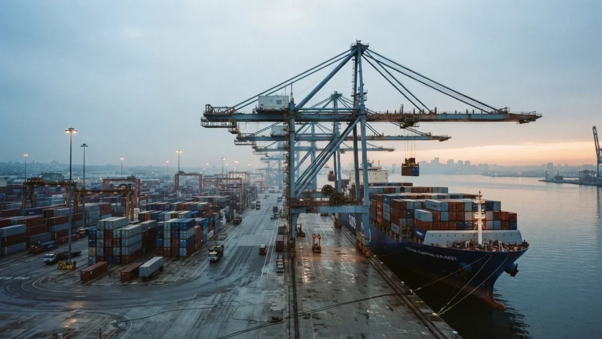 Container port cranes at dawn with a docked cargo ship