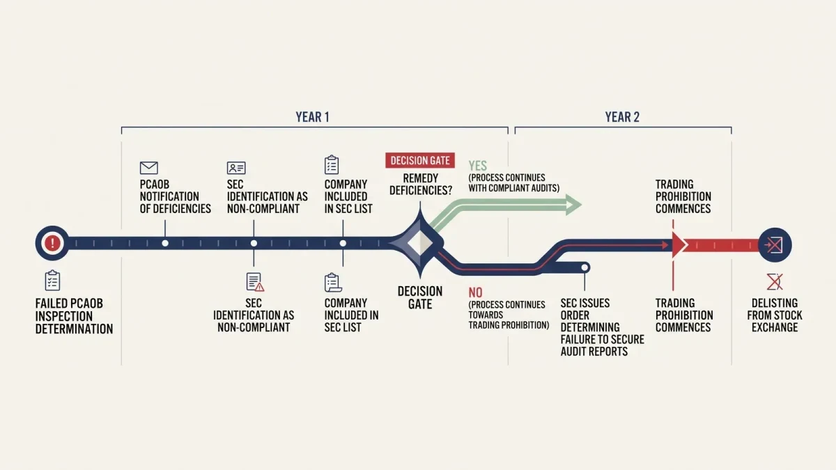 Infographic of the two-year HFCAA clock from failed inspection to trading ban