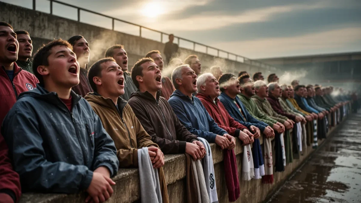 Football supporters singing together on a packed terrace