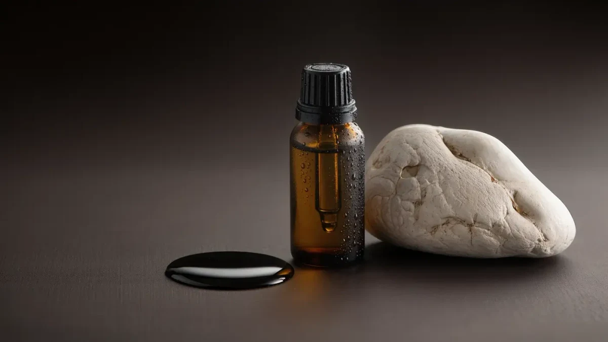 Amber glass dropper bottle of exfoliating acid with clear liquid swatch on stone surface