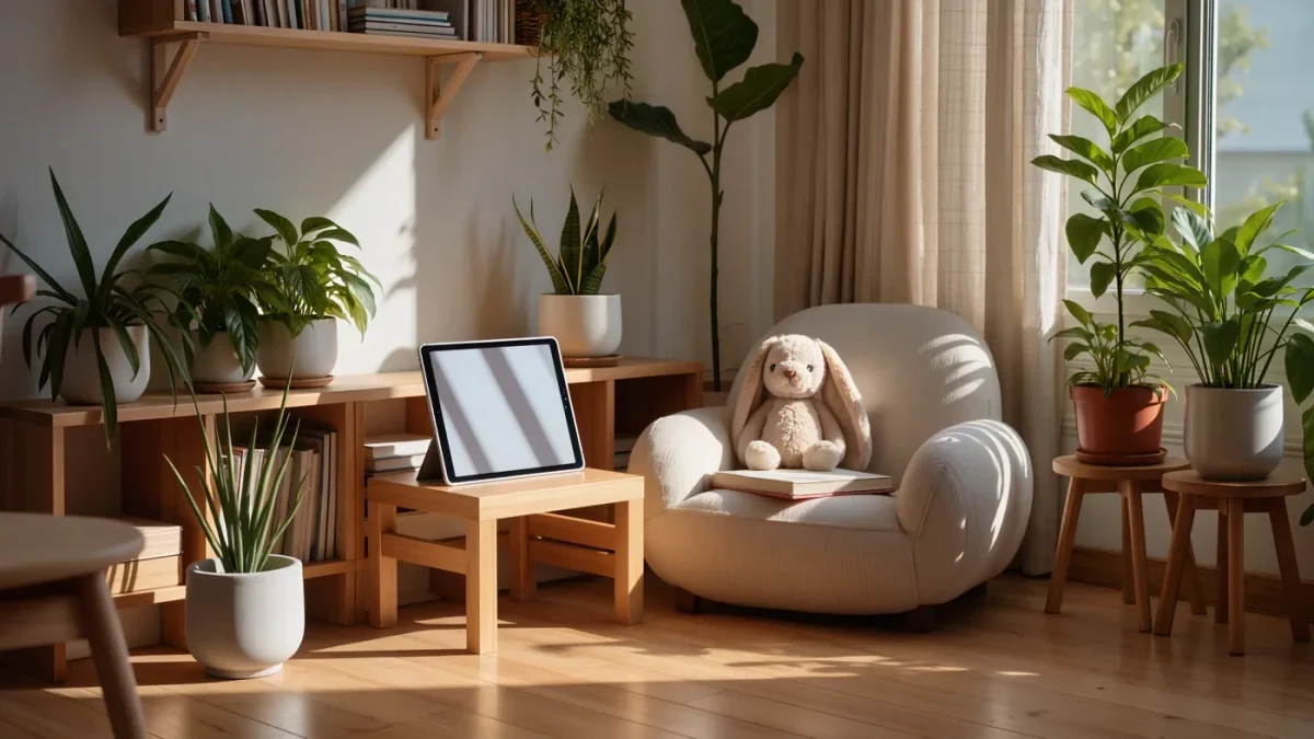 Cozy living room corner prepared for a toddler video call