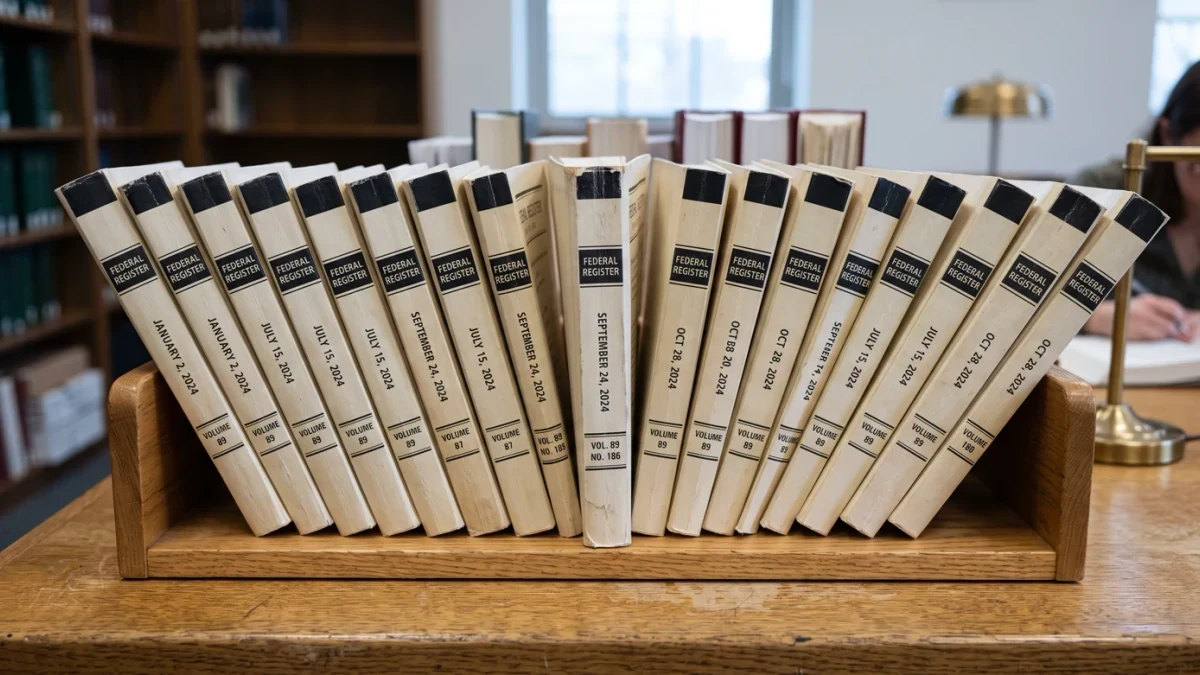 Printer tray of Federal Register volumes in reading room