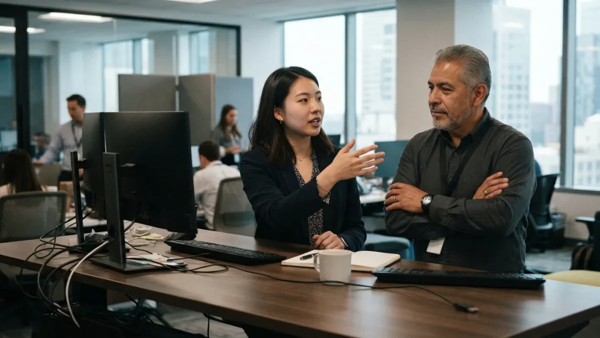 Two traders discussing order placement at a trading desk