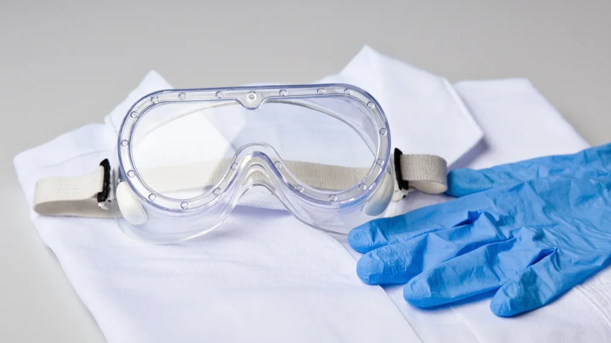 Close-up of chemical splash goggles resting on a folded lab coat