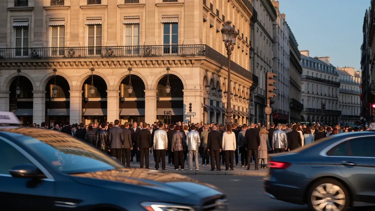 Street-style crowd in metallic outfits outside a Paris fashion show