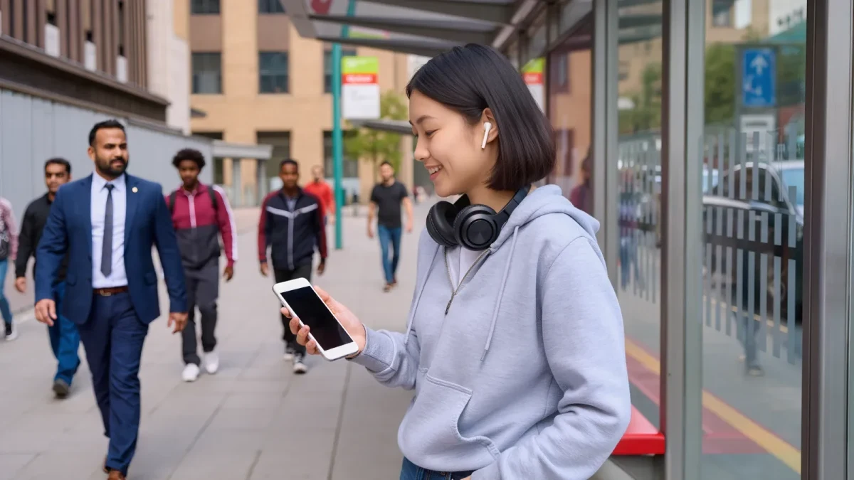 Young listener choosing music on a phone at a bus stop