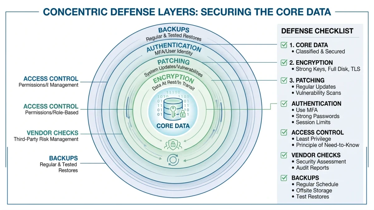 Defense-layers checklist diagram for business data
