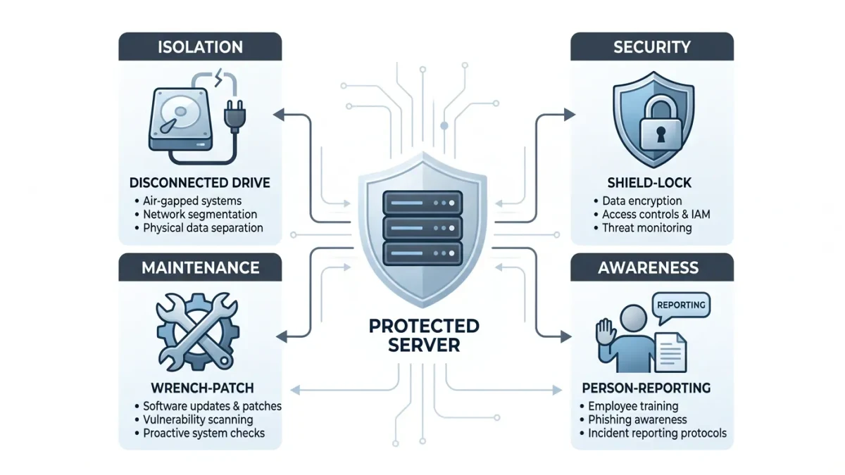 Four defense pillars diagram around a protected server