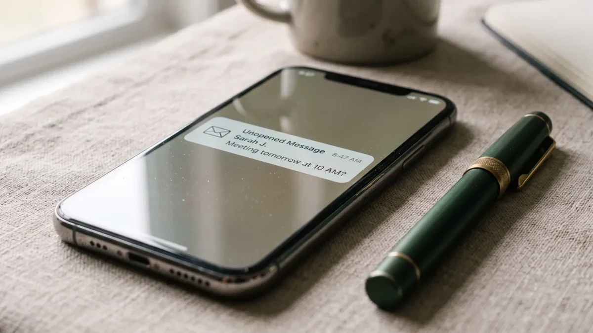 Phone face-up showing one unopened message beside a pen on linen
