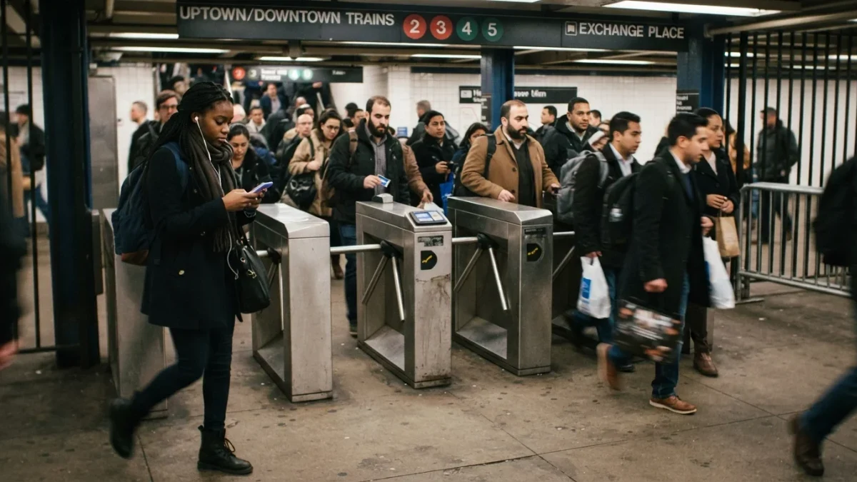 Commuters passing through subway turnstiles during rush hour