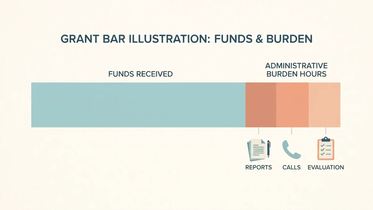Infographic splitting a grant into money received and staff-time burden
