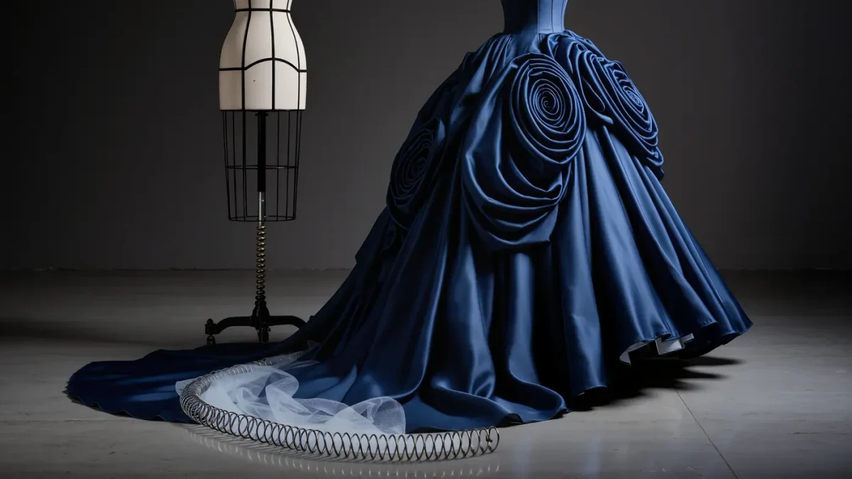 Dramatic sculpted midnight blue evening gown on a dress form in studio