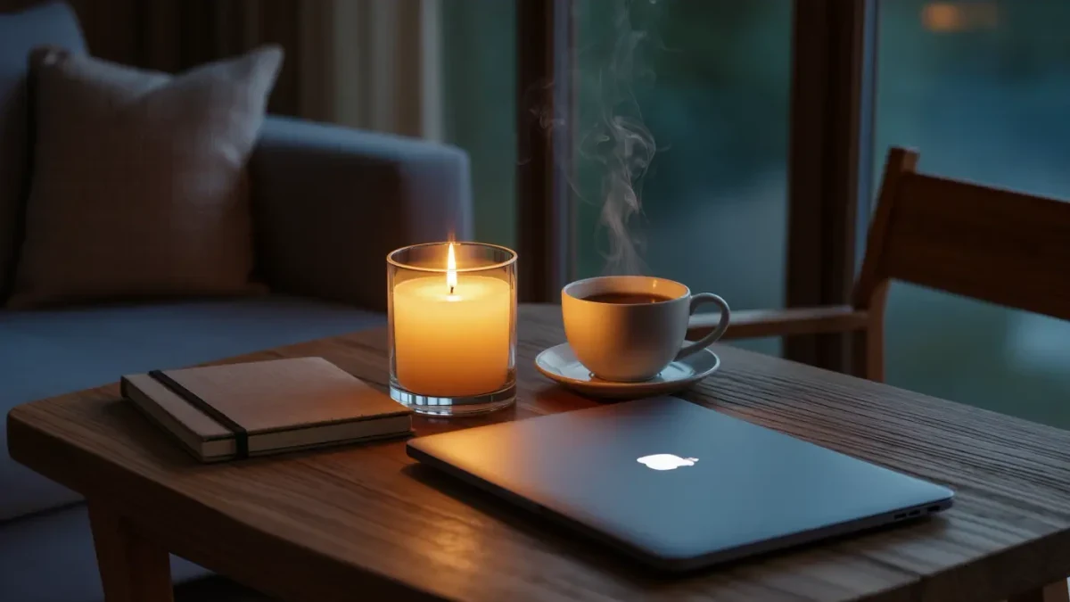 Desk at dusk with candle, closed notebook, and steaming tea