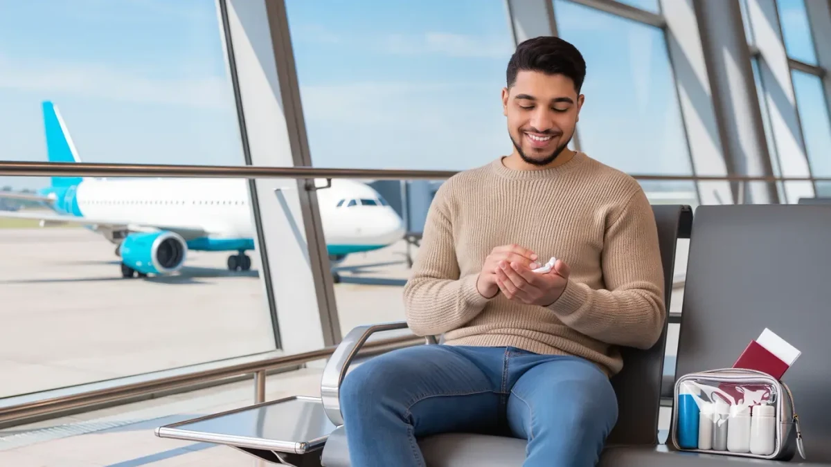 Traveler applying hand cream at an airport gate window with planes outside