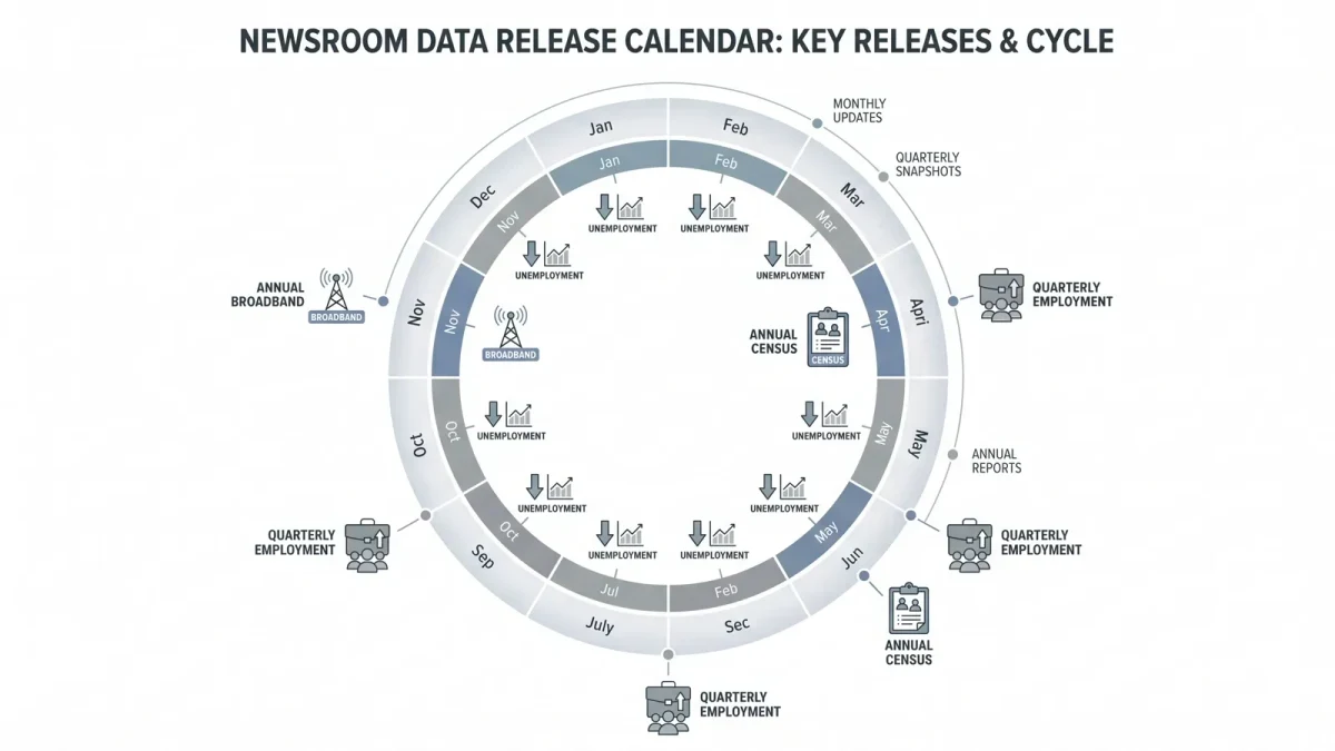 Infographic calendar of recurring federal data releases for local newsrooms