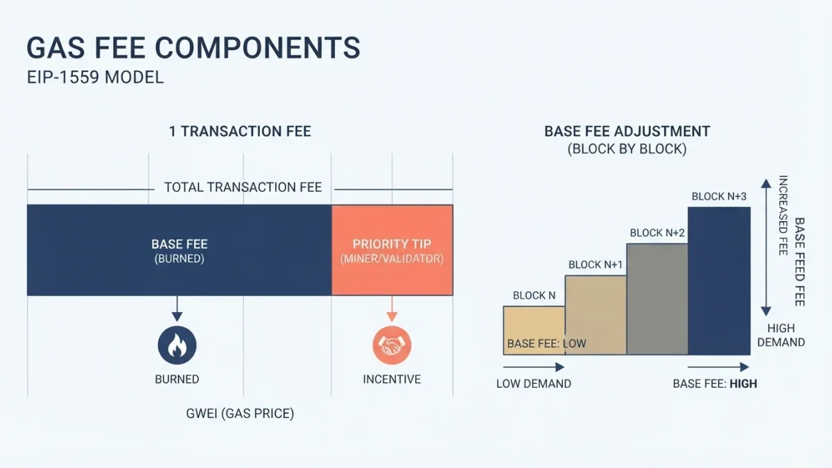 Infographic splitting a gas fee into base fee and priority tip