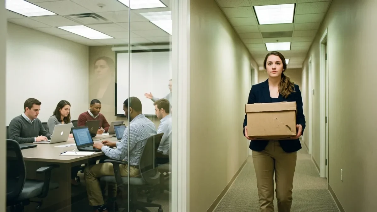 Employee packing a box while new-hire orientation happens in background