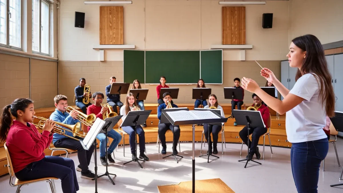 School band students rehearsing with brass instruments in class