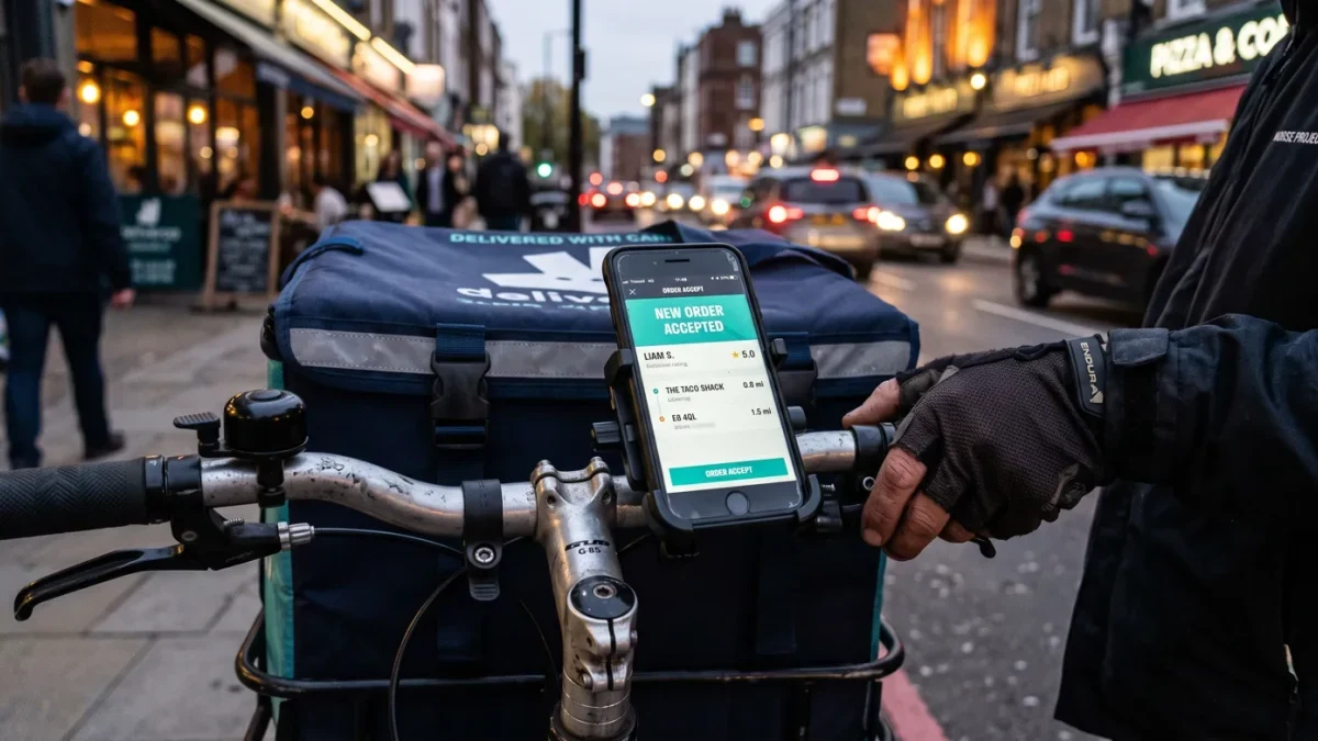 Delivery rider checking a phone mount on a bike at dusk