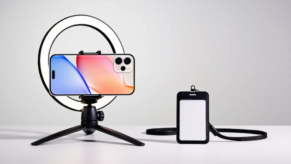 Smartphone on tripod with ring light ready for casting tape