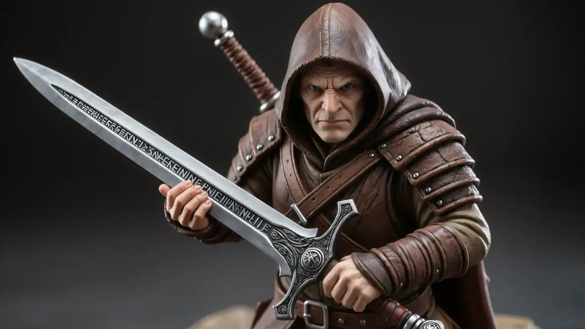 Hunter figurine with carved bone sword in studio close-up
