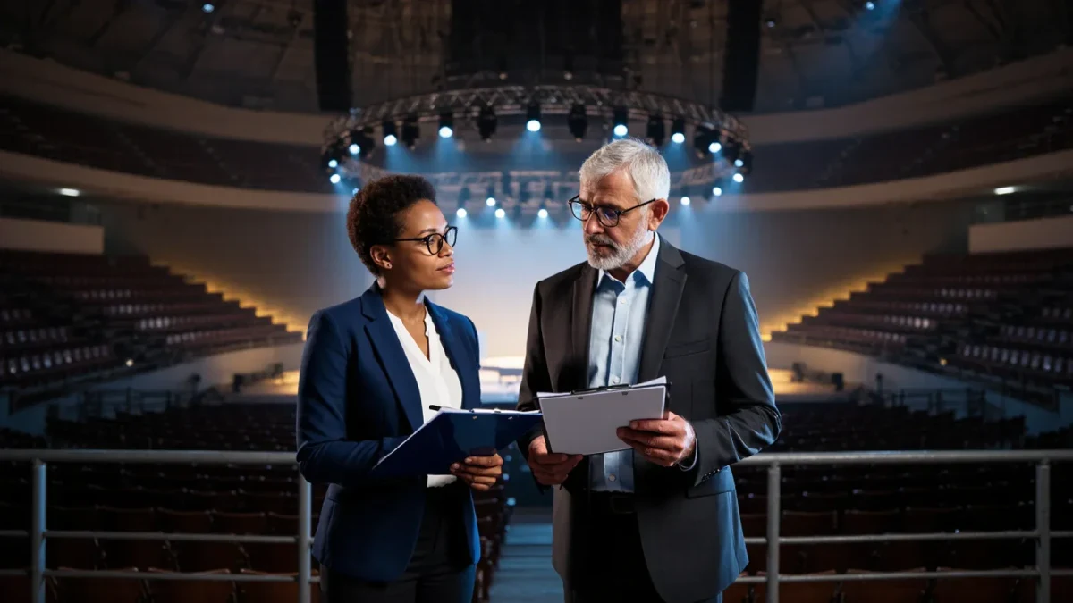 Insurance underwriters reviewing concert staging risk at an arena