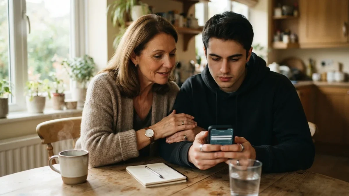 Woman and adult son checking a website address on a smartphone