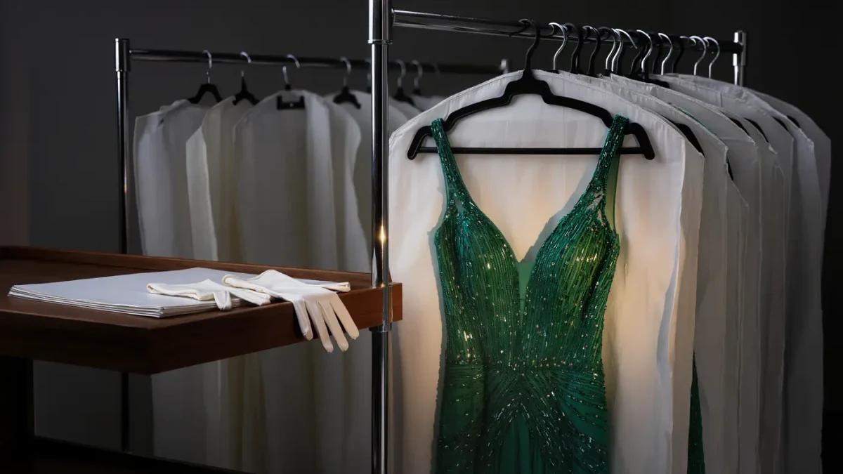 Close-up of an evening gown in a protective garment bag on a rolling rack