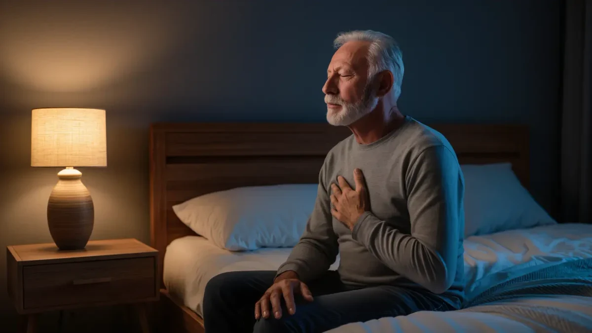 Man breathing slowly on the edge of his bed by lamplight