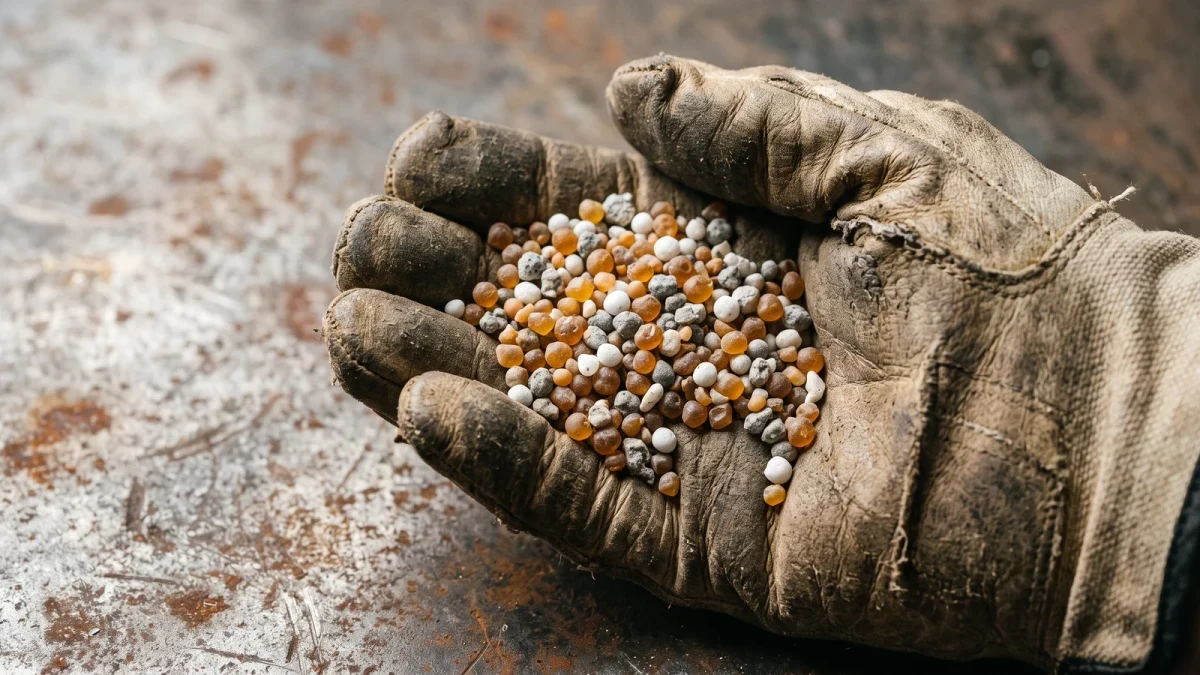 Close-up of layered dry fertilizer blend in gloved hand