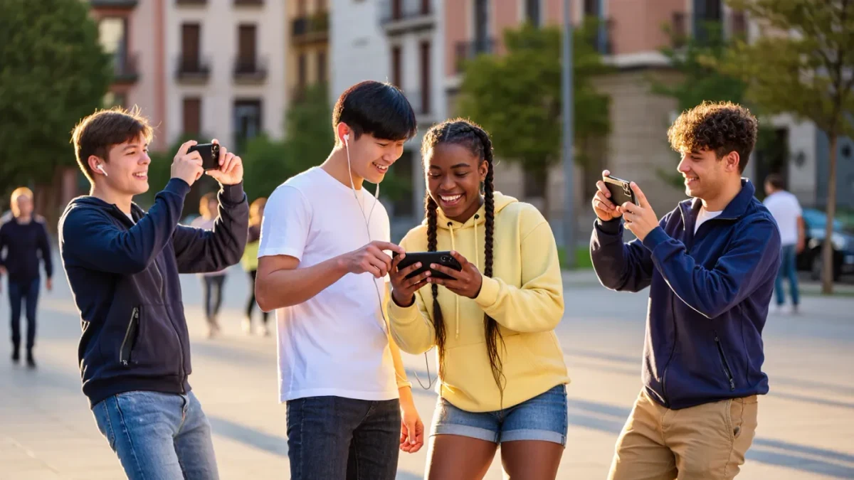 Diverse young friends sharing earbuds over a phone outdoors