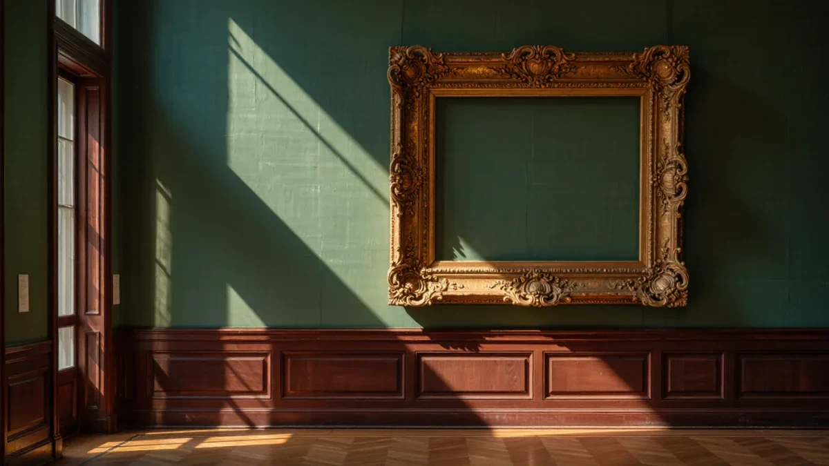 Close-up of an ornate empty picture frame on a gallery wall