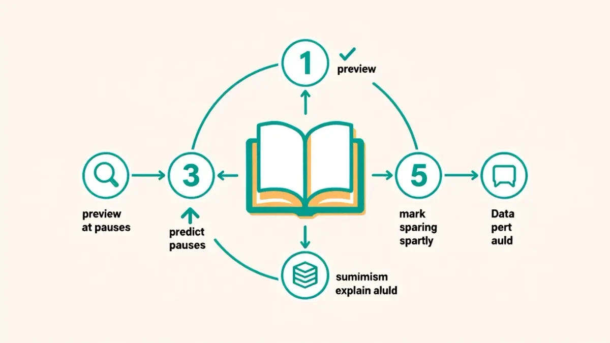 Infographic showing five active reading moves around an open book diagram