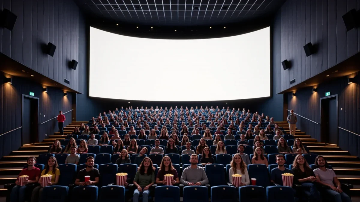 Moviegoers settle into seats before a giant premium-format cinema screen