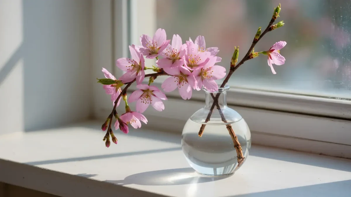 Close-up of spring blossom branch beside a bright window