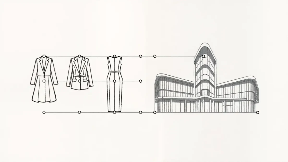 Minimal editorial chart pairing tailored garment silhouettes with modernist building silhouettes