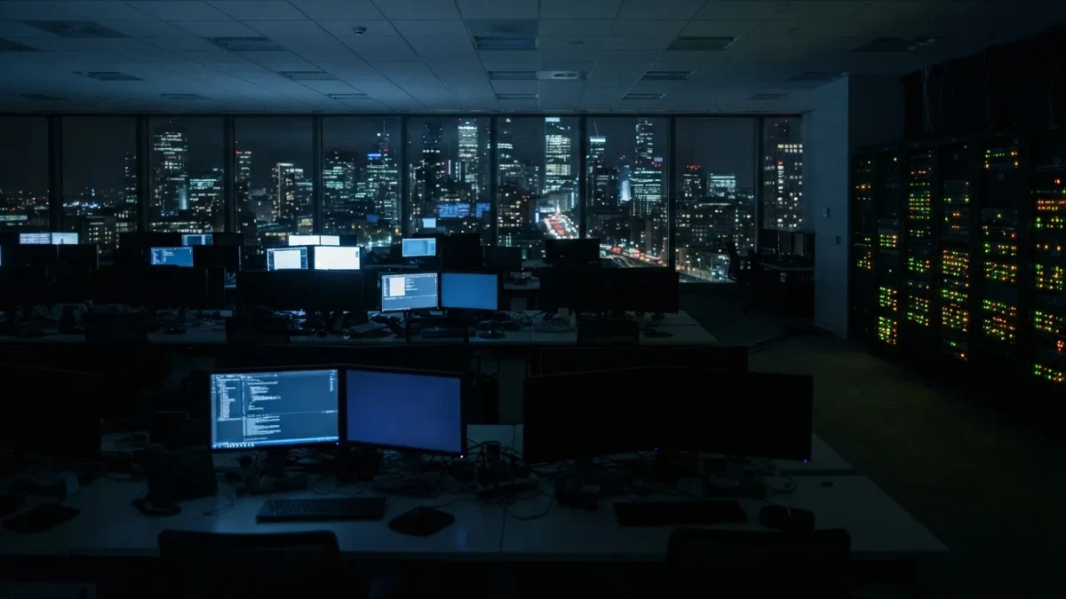 Fintech office floor glowing with screen light late at night, unoccupied
