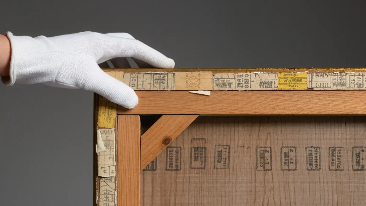 Gloved hand inspecting the back of an old framed canvas