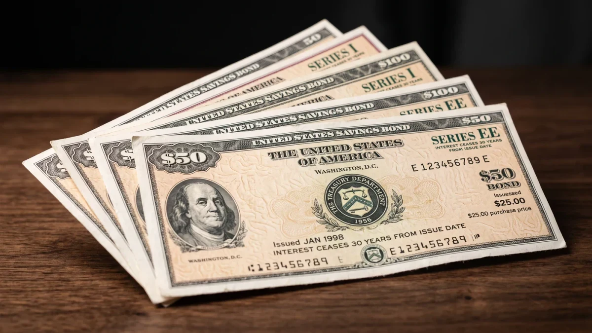 Close-up of dated Treasury bond certificates stacked on a desk