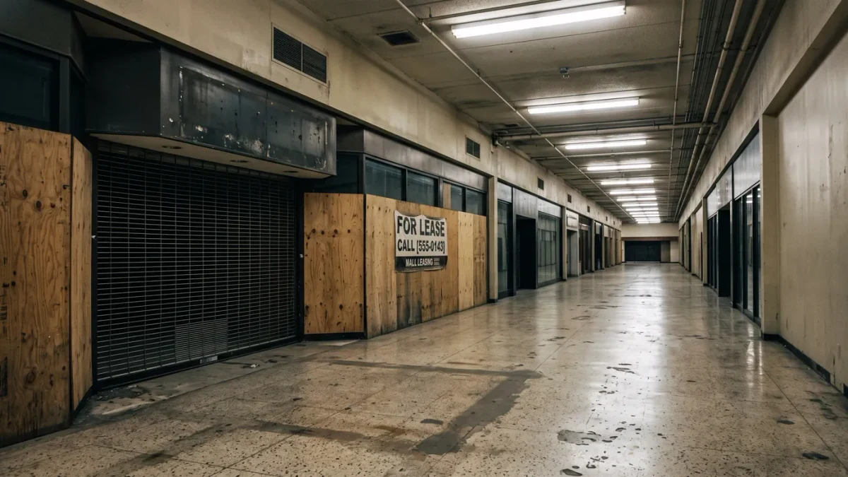 Boarded storefront in a mall corridor with a leasing sign