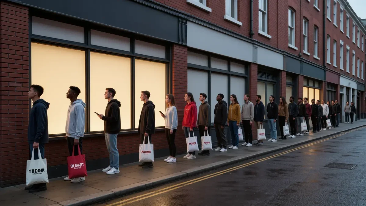 Young crowd waiting in line outside a store before a limited product drop