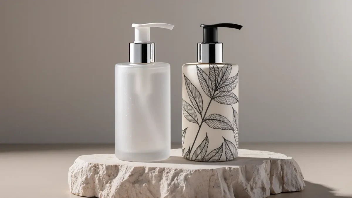 two unbranded lotion bottles side by side in soft studio light