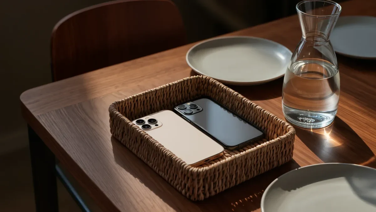 Two phones resting face down in a woven basket beside dinner glasses