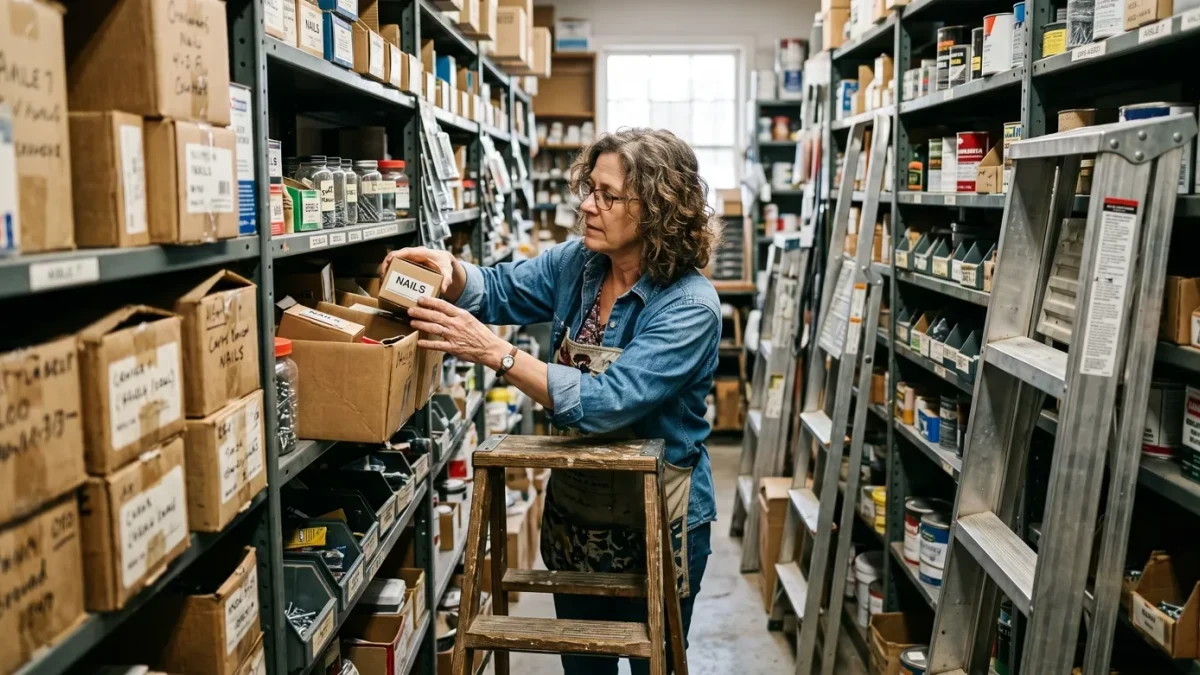 A shop owner rearranging shelves in a narrow hardware aisle